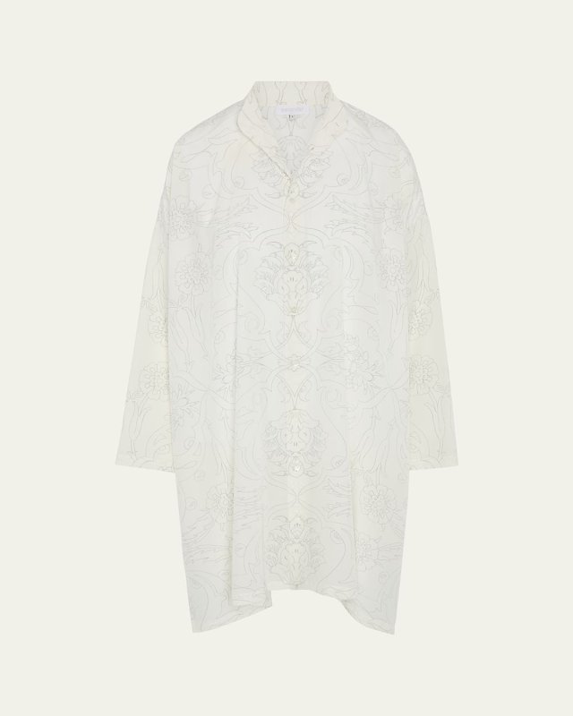 Tile-Print Ottoman Wide A-Line Collarless Shirt With Slits (Very Long Length)